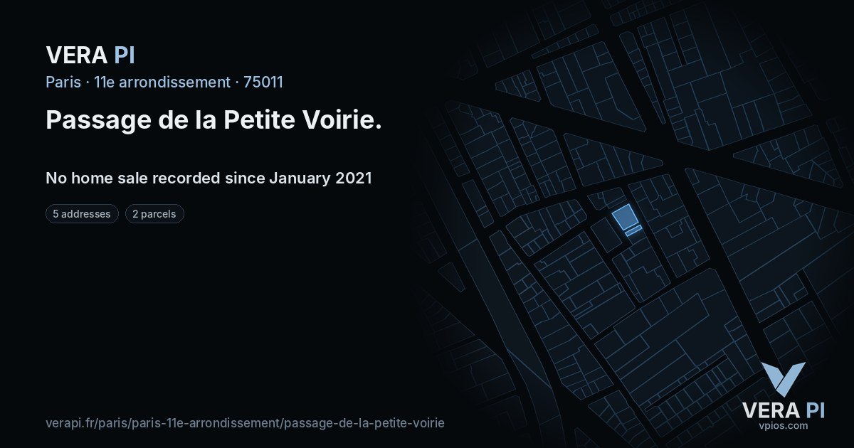 Passage de la Petite Voirie, 11e arrondissement at night – every parcel coloured by the prices around it, the street's own parcels lit