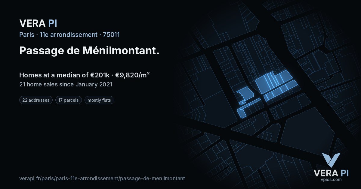 Passage de Ménilmontant, 11e arrondissement at night – every parcel coloured by the prices around it, the street's own parcels lit