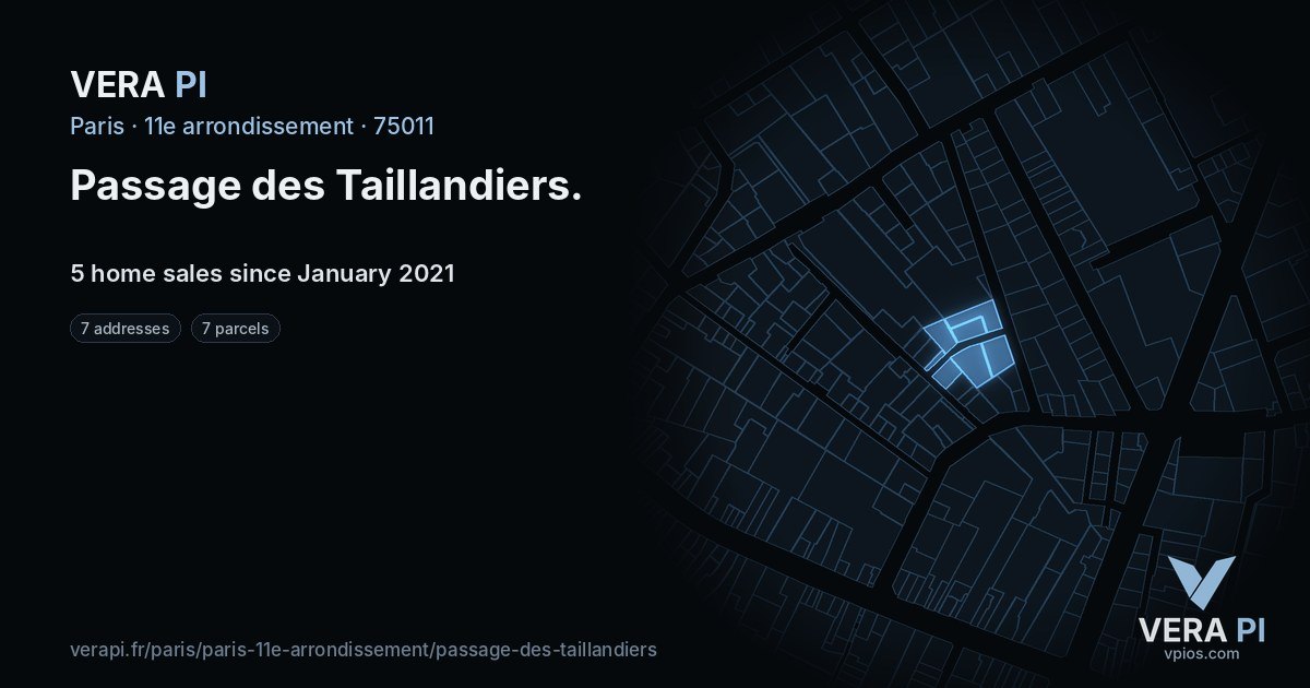 Passage des Taillandiers, 11e arrondissement at night – every parcel coloured by the prices around it, the street's own parcels lit