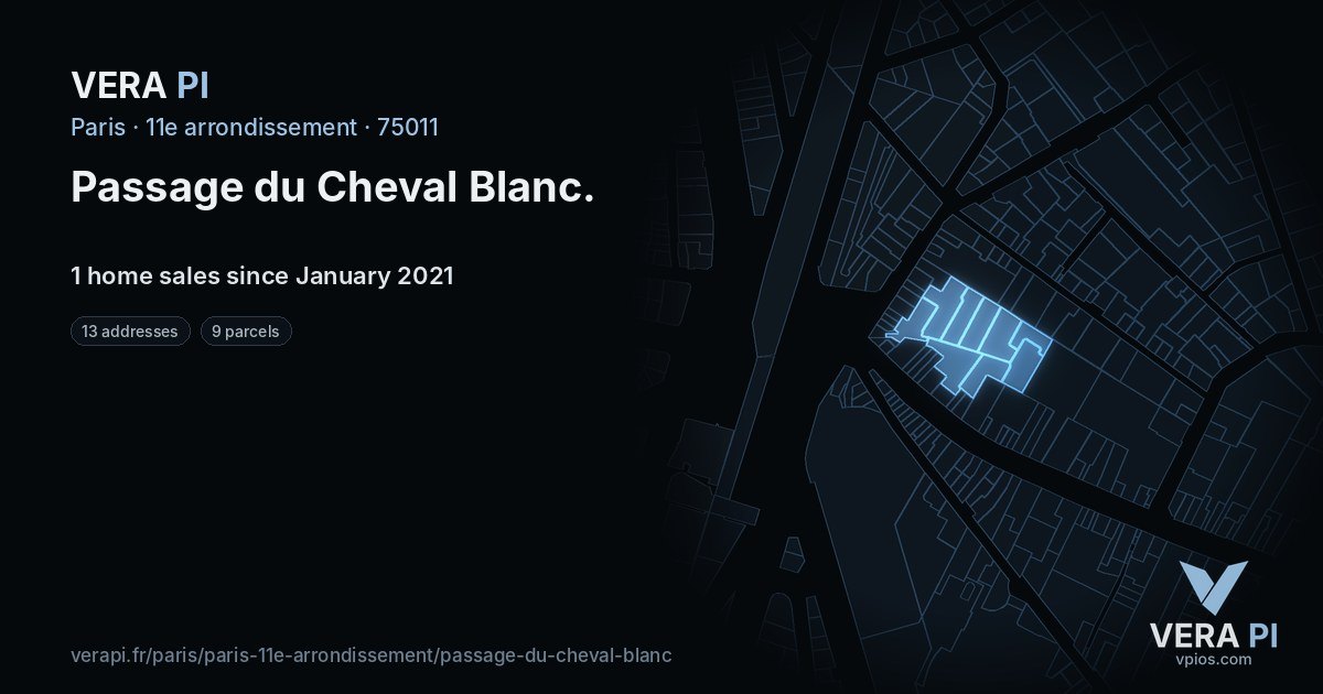 Passage du Cheval Blanc, 11e arrondissement at night – every parcel coloured by the prices around it, the street's own parcels lit