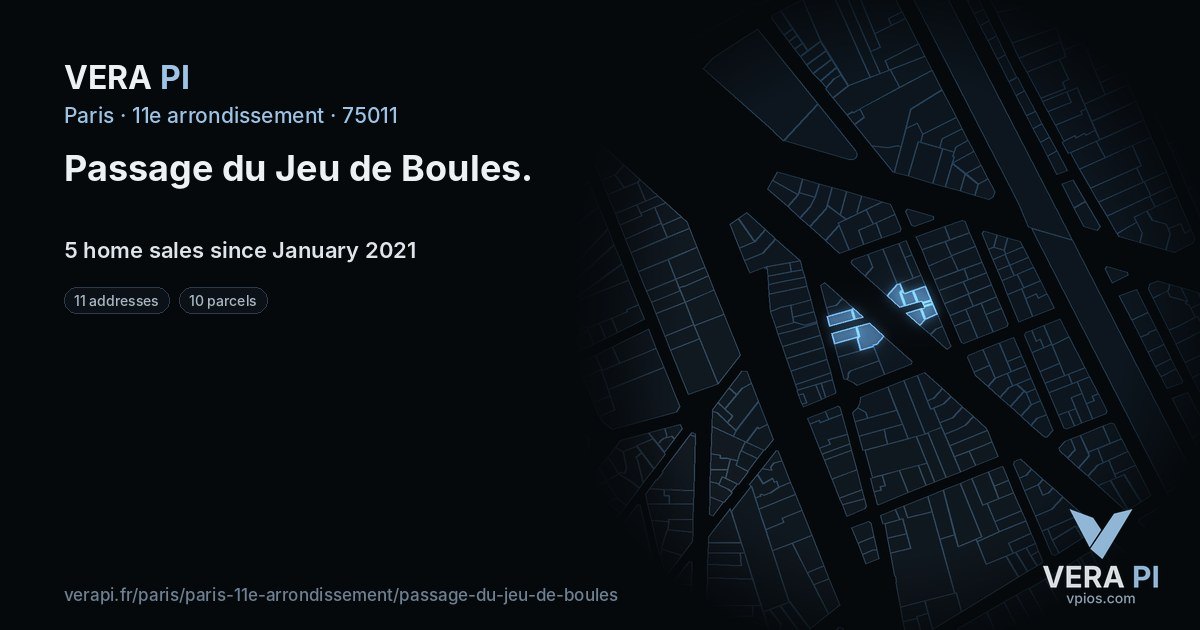 Passage du Jeu de Boules, 11e arrondissement at night – every parcel coloured by the prices around it, the street's own parcels lit