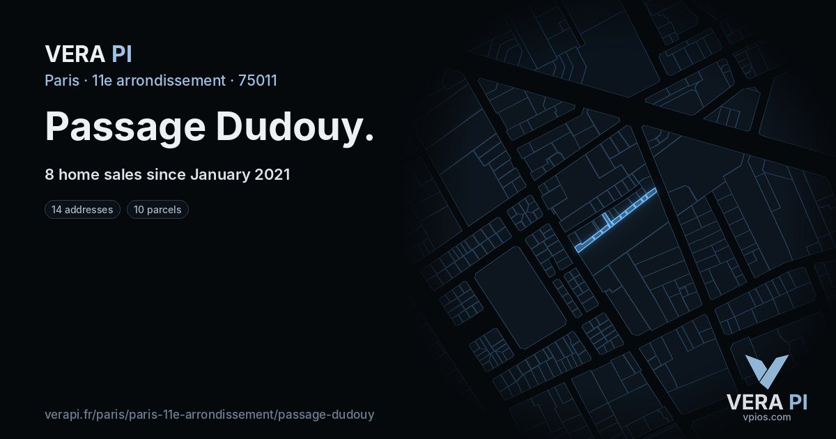 Passage Dudouy, 11e arrondissement at night – every parcel coloured by the prices around it, the street's own parcels lit