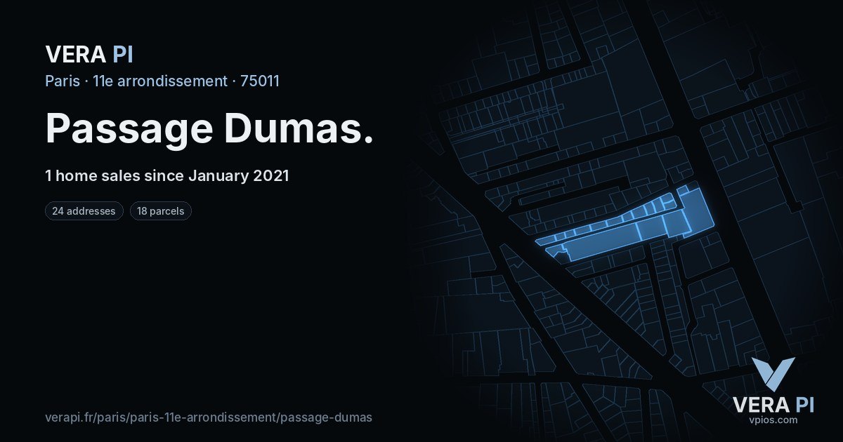 Passage Dumas, 11e arrondissement at night – every parcel coloured by the prices around it, the street's own parcels lit