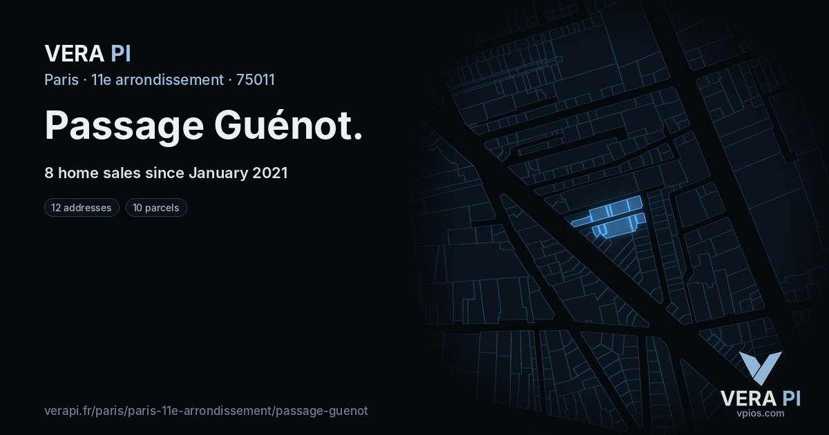 Passage Guénot, 11e arrondissement at night – every parcel coloured by the prices around it, the street's own parcels lit