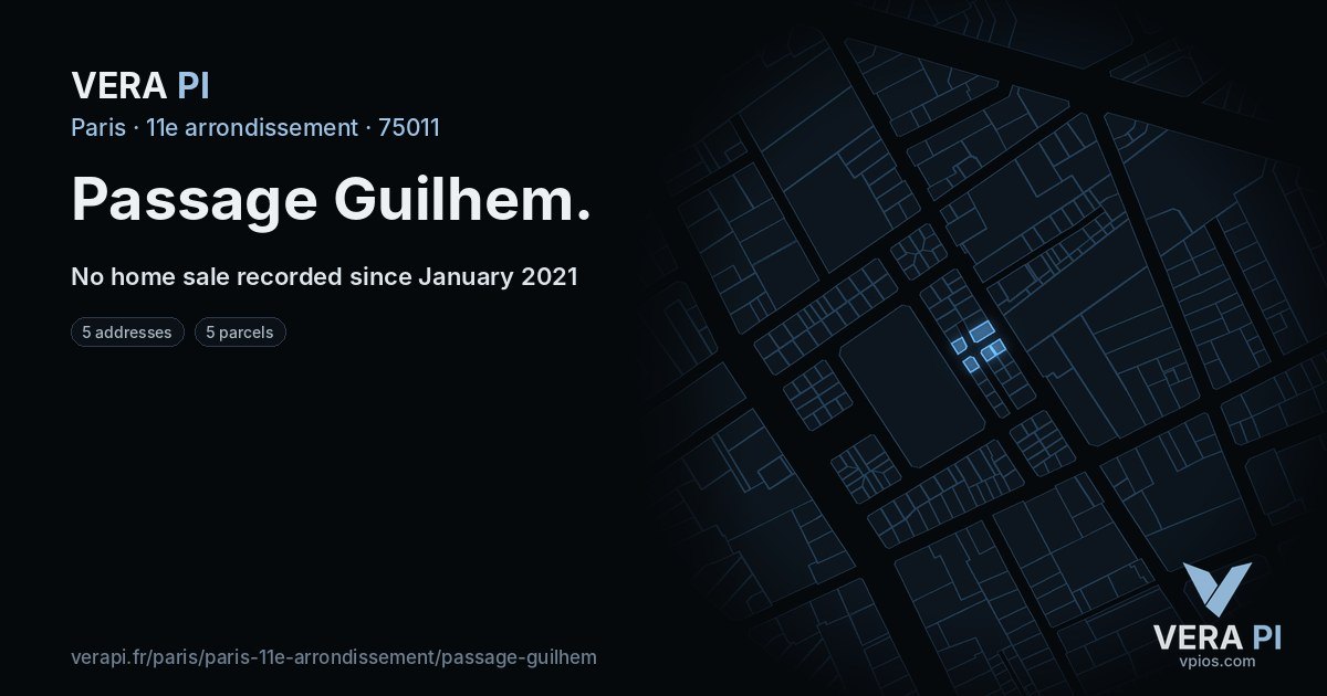 Passage Guilhem, 11e arrondissement at night – every parcel coloured by the prices around it, the street's own parcels lit