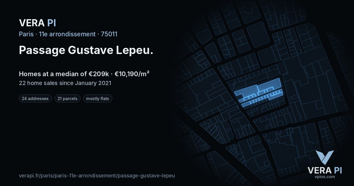 Passage Gustave Lepeu, 11e arrondissement at night – every parcel coloured by the prices around it, the street's own parcels lit