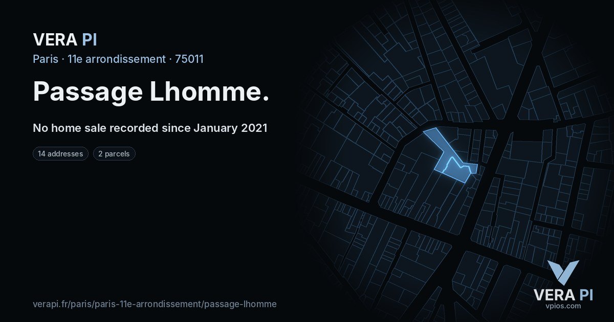 Passage Lhomme, 11e arrondissement at night – every parcel coloured by the prices around it, the street's own parcels lit