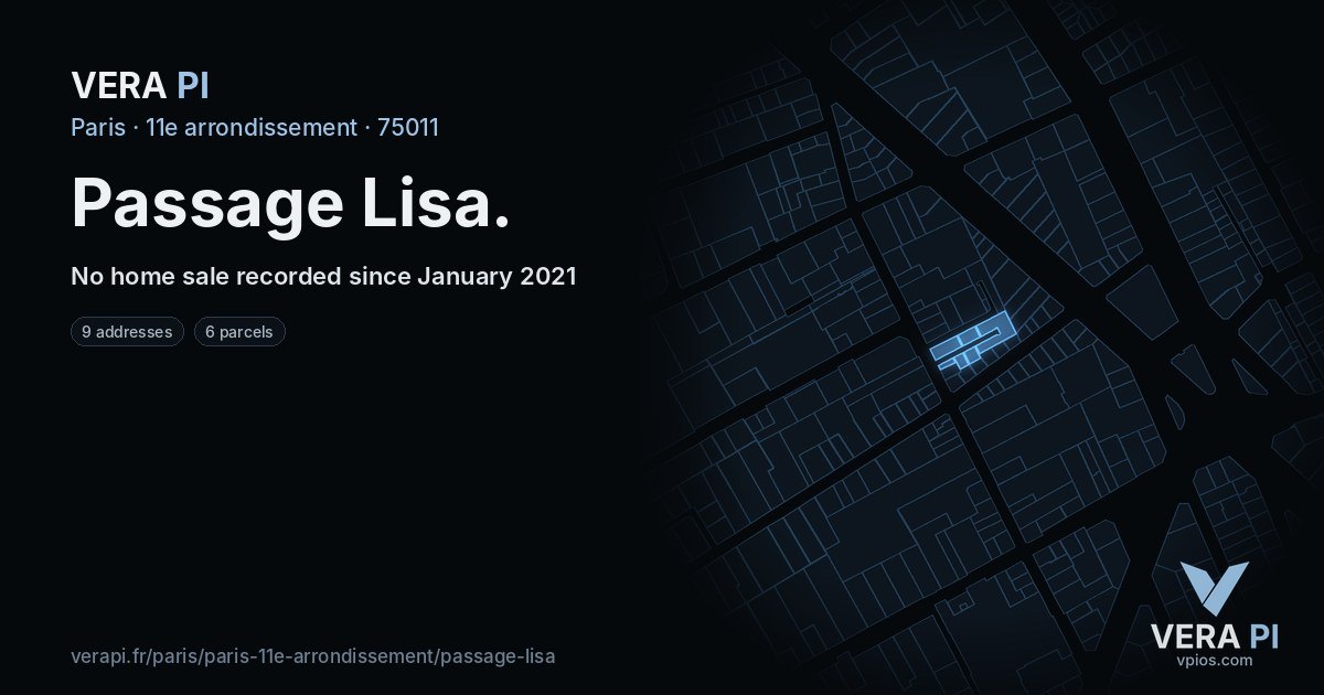 Passage Lisa, 11e arrondissement at night – every parcel coloured by the prices around it, the street's own parcels lit