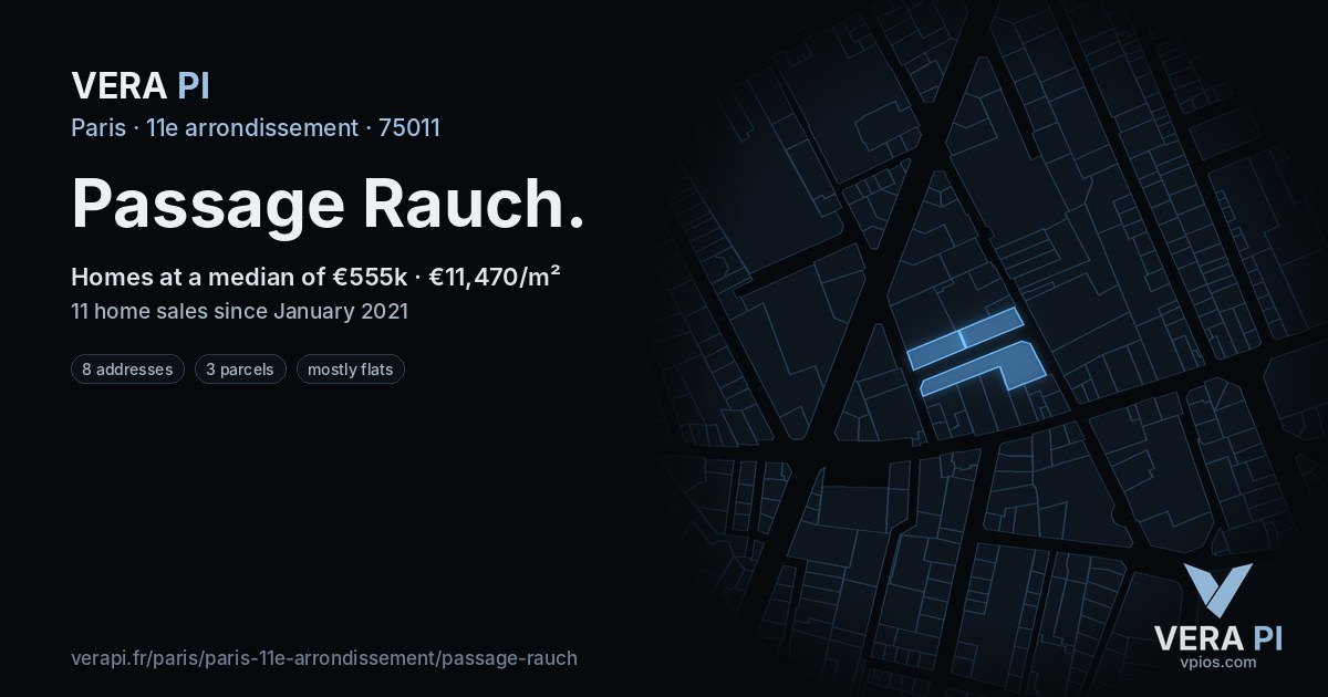 Passage Rauch, 11e arrondissement at night – every parcel coloured by the prices around it, the street's own parcels lit