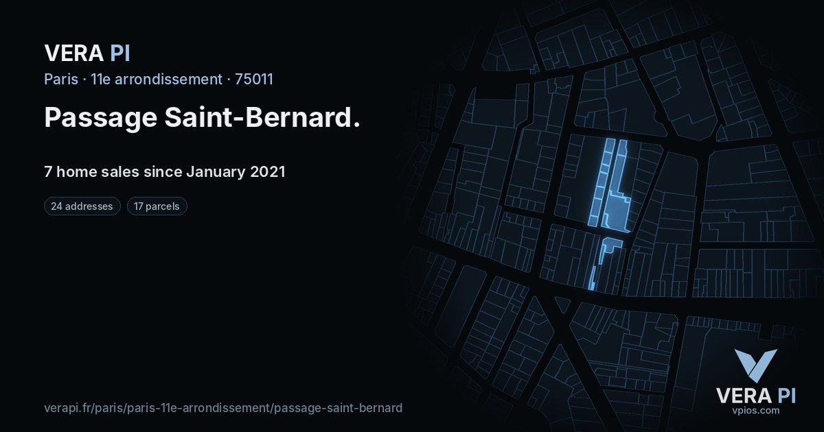 Passage Saint-Bernard, 11e arrondissement at night – every parcel coloured by the prices around it, the street's own parcels lit
