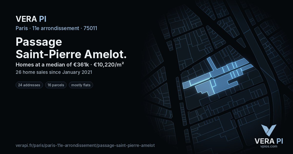 Passage Saint-Pierre Amelot, 11e arrondissement at night – every parcel coloured by the prices around it, the street's own parcels lit