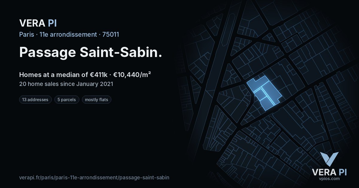 Passage Saint-Sabin, 11e arrondissement at night – every parcel coloured by the prices around it, the street's own parcels lit