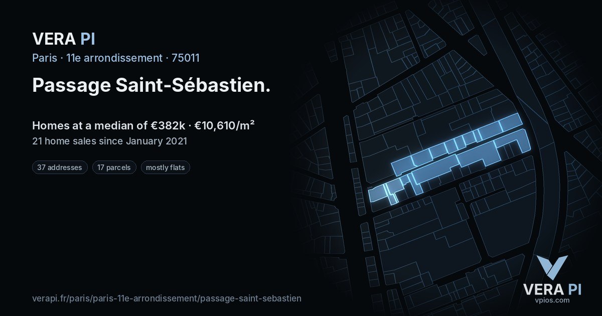 Passage Saint-Sébastien, 11e arrondissement at night – every parcel coloured by the prices around it, the street's own parcels lit