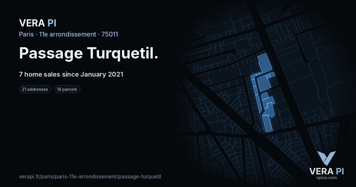Passage Turquetil, 11e arrondissement at night – every parcel coloured by the prices around it, the street's own parcels lit