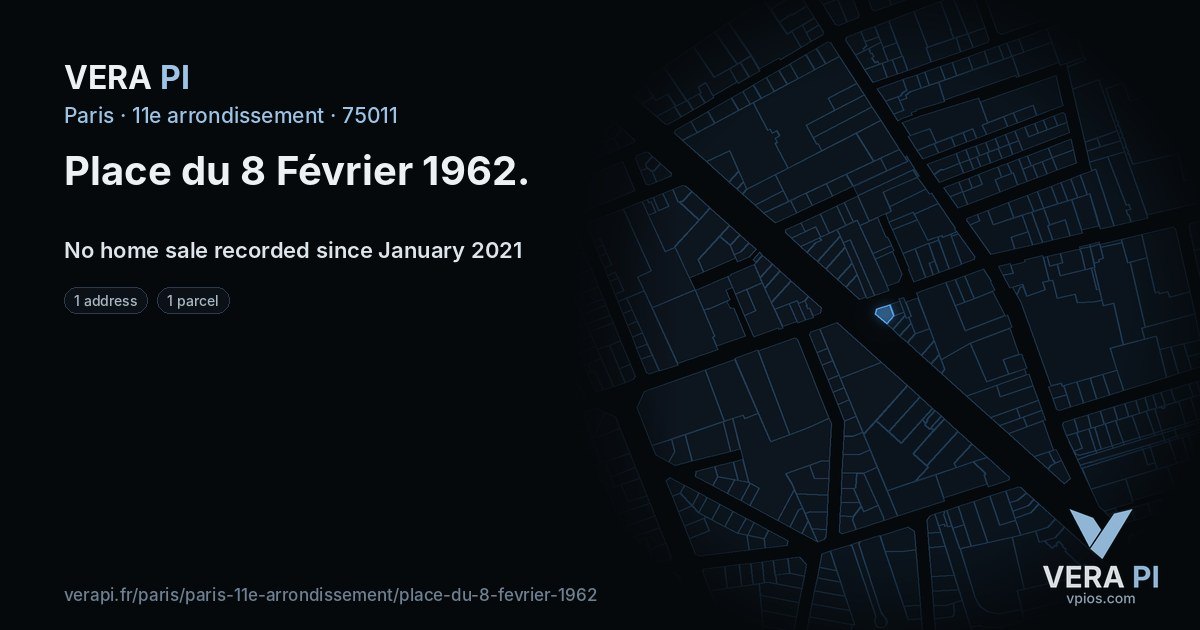 Place du 8 Février 1962, 11e arrondissement at night – every parcel coloured by the prices around it, the street's own parcels lit