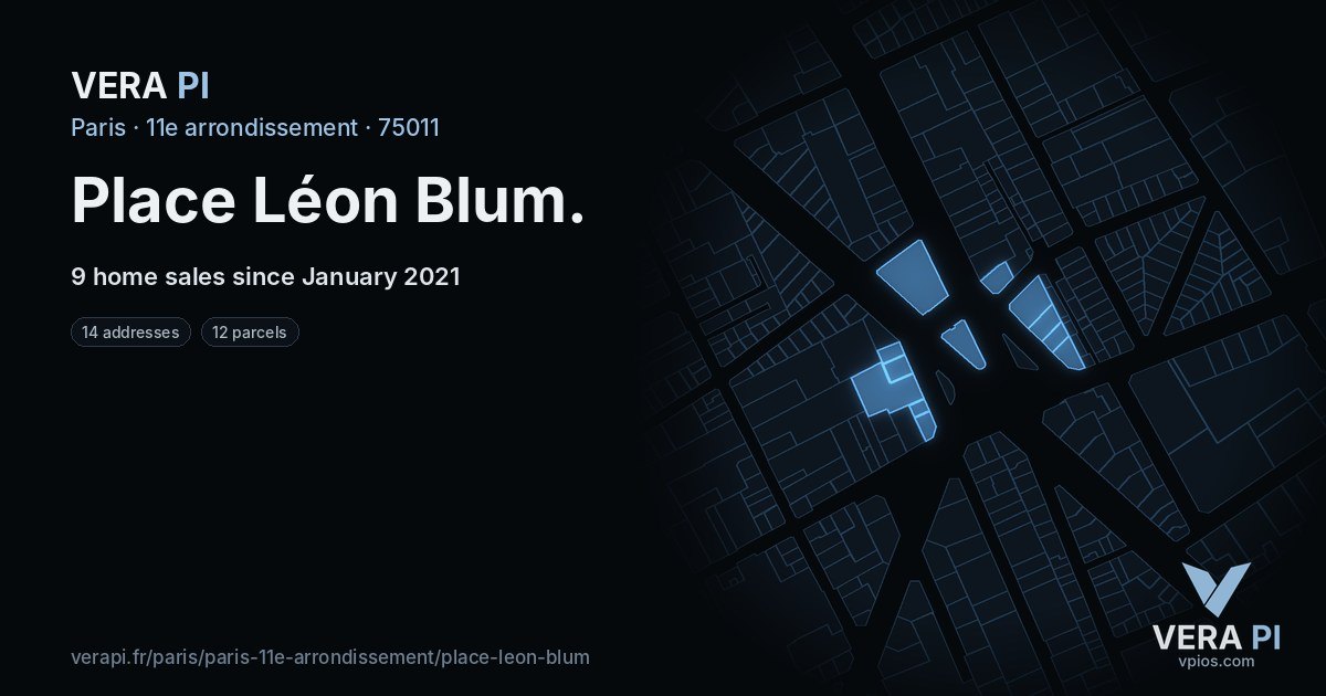 Place Léon Blum, 11e arrondissement at night – every parcel coloured by the prices around it, the street's own parcels lit