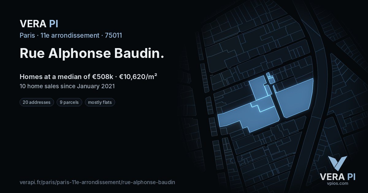 Rue Alphonse Baudin, 11e arrondissement at night – every parcel coloured by the prices around it, the street's own parcels lit