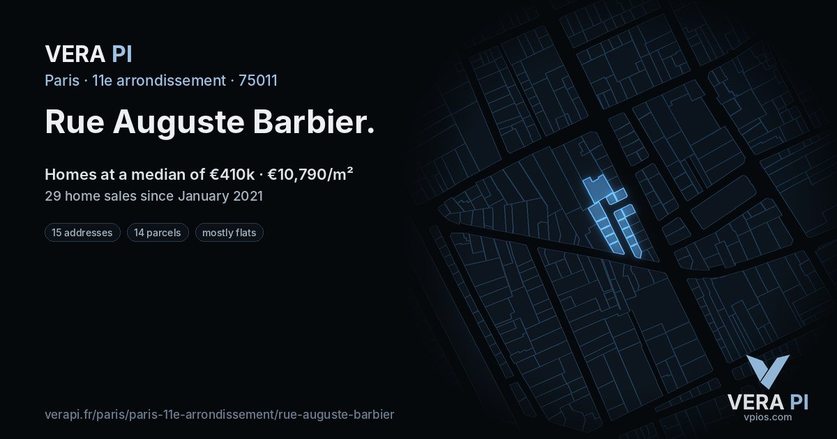 Rue Auguste Barbier, 11e arrondissement at night – every parcel coloured by the prices around it, the street's own parcels lit