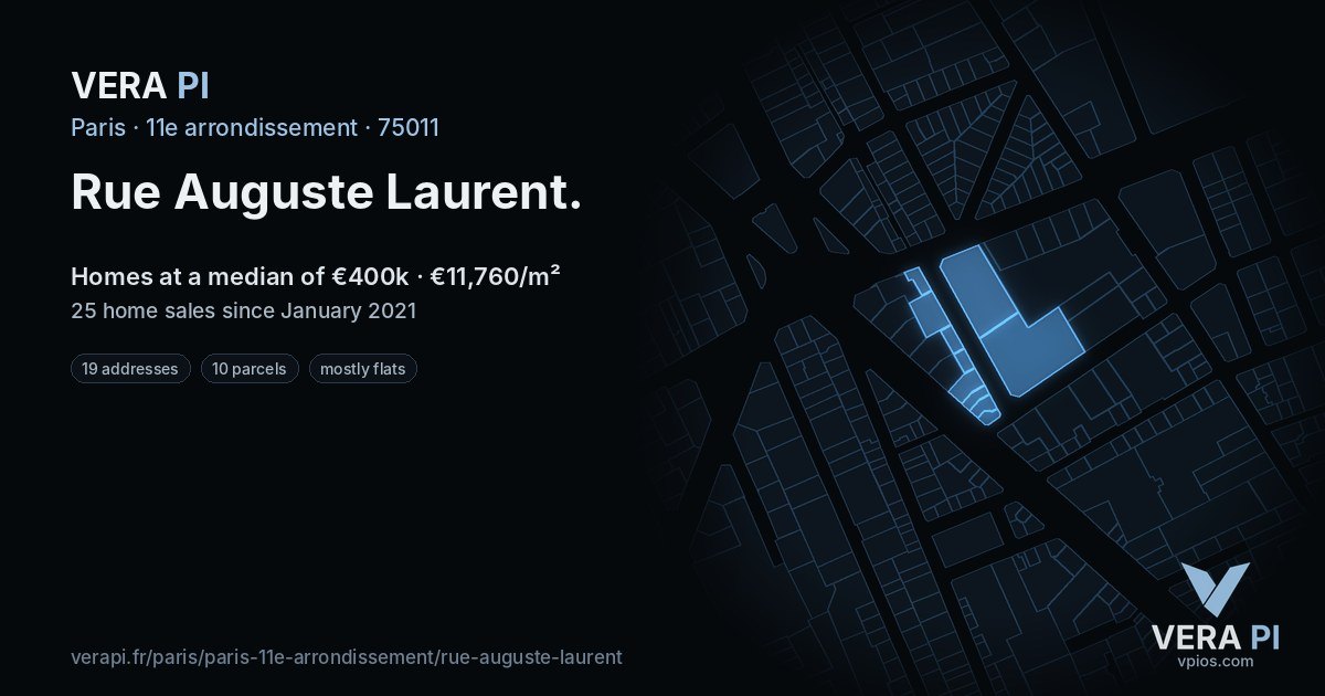 Rue Auguste Laurent, 11e arrondissement at night – every parcel coloured by the prices around it, the street's own parcels lit