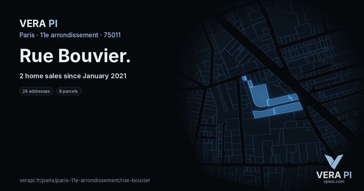 Rue Bouvier, 11e arrondissement at night – every parcel coloured by the prices around it, the street's own parcels lit