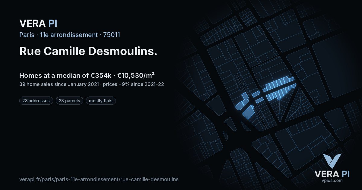 Rue Camille Desmoulins, 11e arrondissement at night – every parcel coloured by the prices around it, the street's own parcels lit