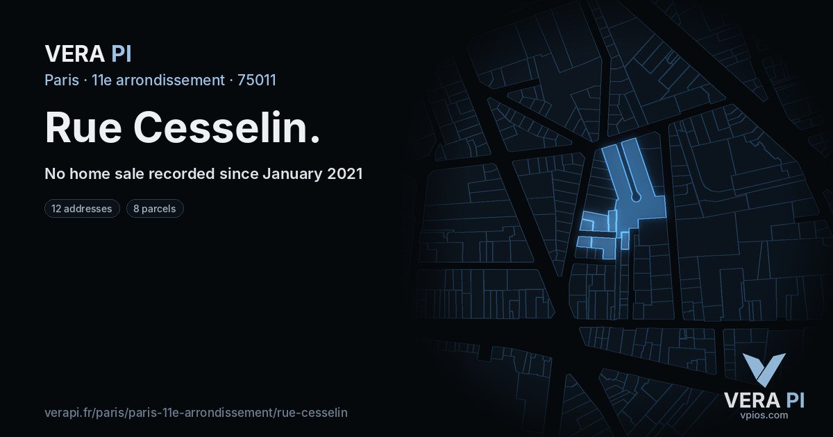 Rue Cesselin, 11e arrondissement at night – every parcel coloured by the prices around it, the street's own parcels lit