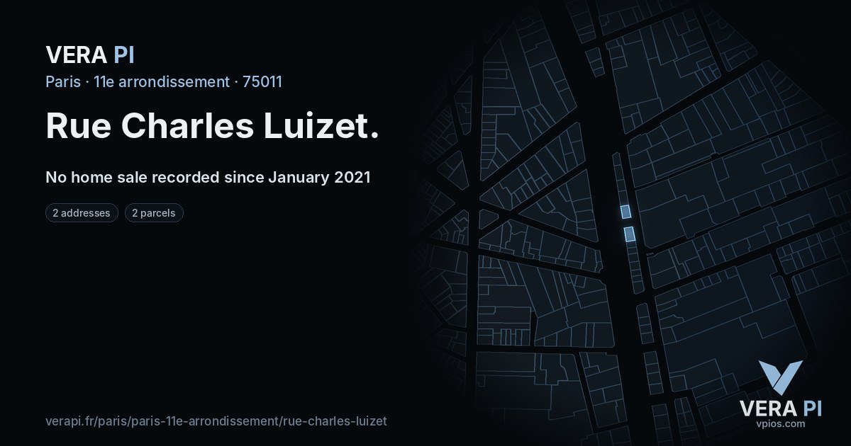 Rue Charles Luizet, 11e arrondissement at night – every parcel coloured by the prices around it, the street's own parcels lit
