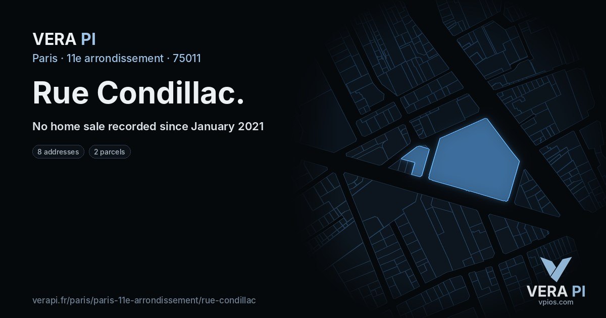 Rue Condillac, 11e arrondissement at night – every parcel coloured by the prices around it, the street's own parcels lit
