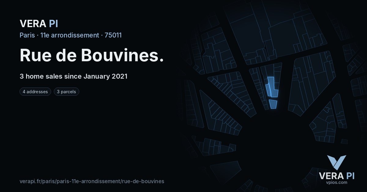 Rue de Bouvines, 11e arrondissement at night – every parcel coloured by the prices around it, the street's own parcels lit