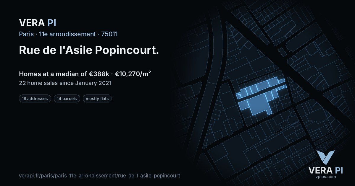 Rue de l'Asile Popincourt, 11e arrondissement at night – every parcel coloured by the prices around it, the street's own parcels lit