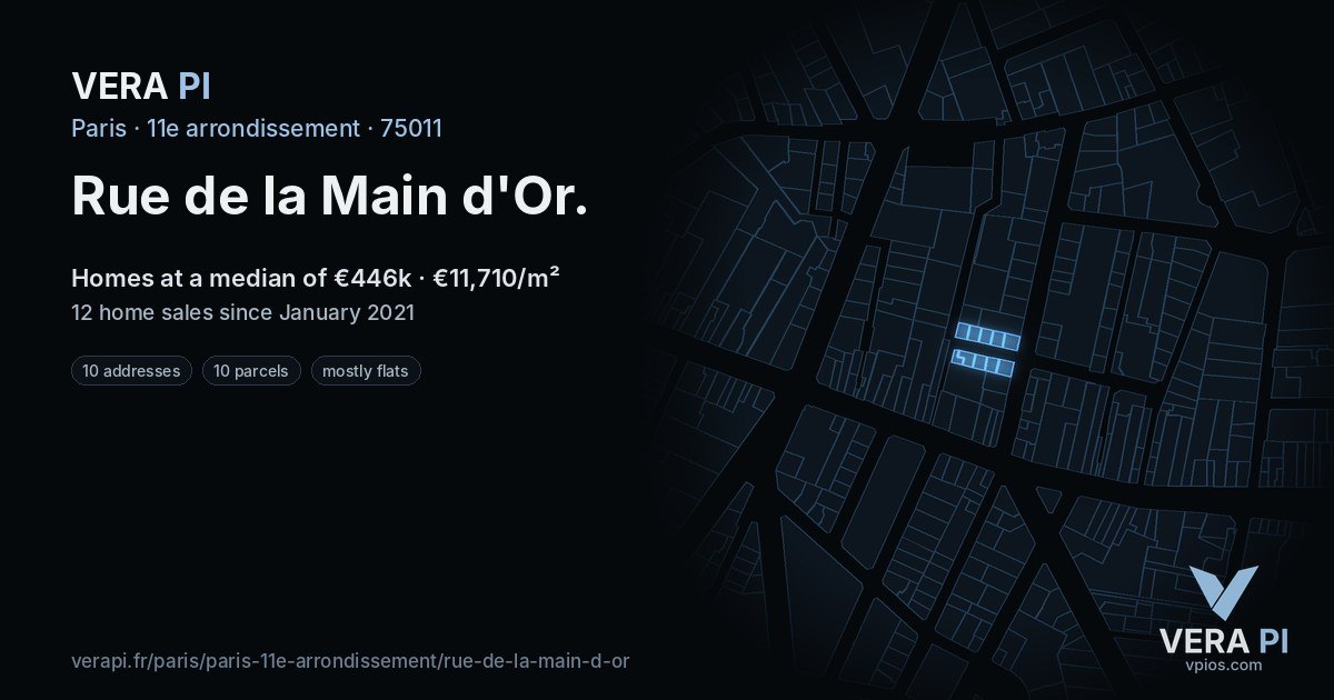 Rue de la Main d'Or, 11e arrondissement at night – every parcel coloured by the prices around it, the street's own parcels lit