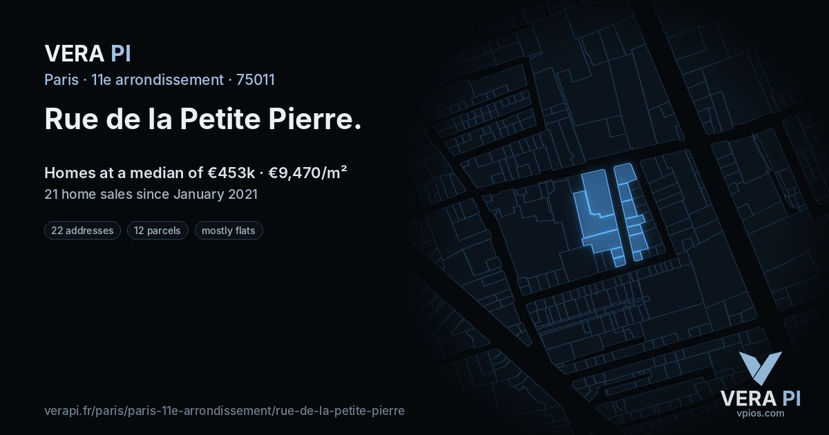 Rue de la Petite Pierre, 11e arrondissement at night – every parcel coloured by the prices around it, the street's own parcels lit