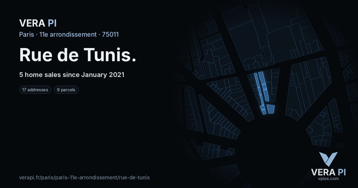 Rue de Tunis, 11e arrondissement at night – every parcel coloured by the prices around it, the street's own parcels lit