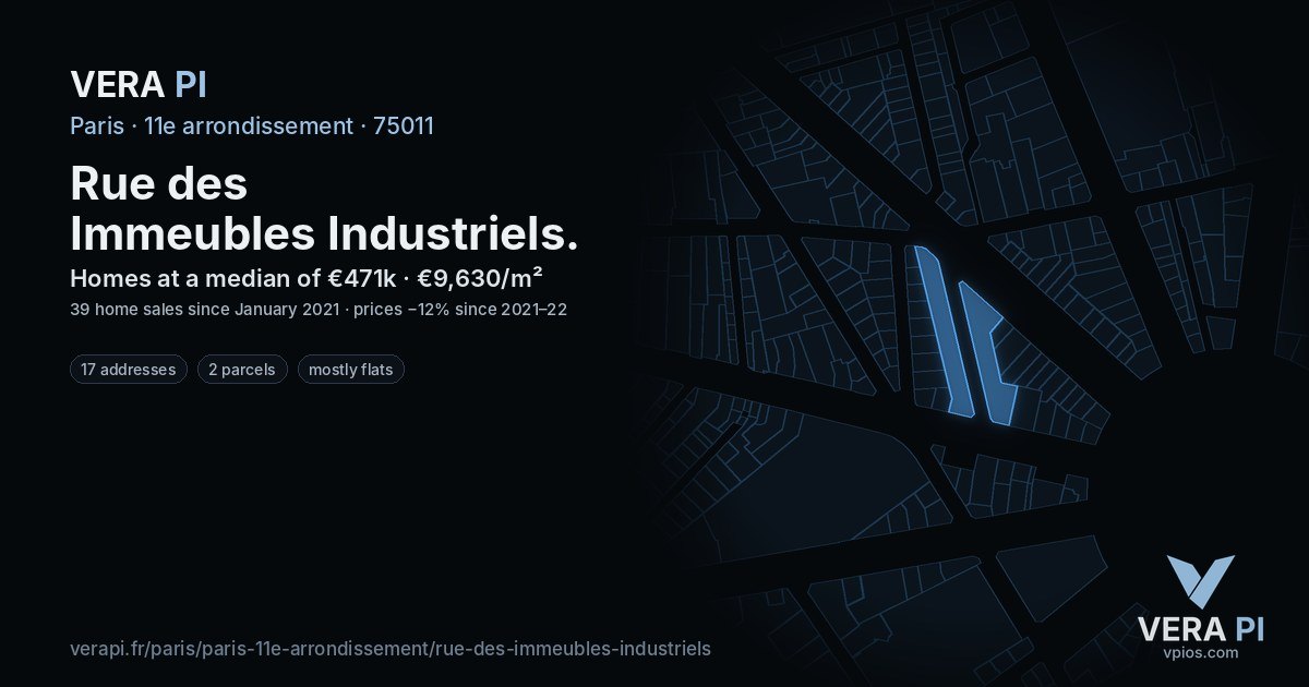 Rue des Immeubles Industriels, 11e arrondissement at night – every parcel coloured by the prices around it, the street's own parcels lit