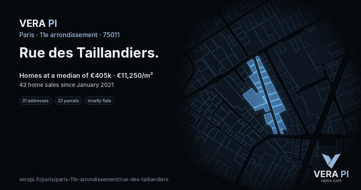 Rue des Taillandiers, 11e arrondissement at night – every parcel coloured by the prices around it, the street's own parcels lit