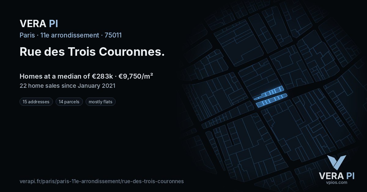 Rue des Trois Couronnes, 11e arrondissement at night – every parcel coloured by the prices around it, the street's own parcels lit