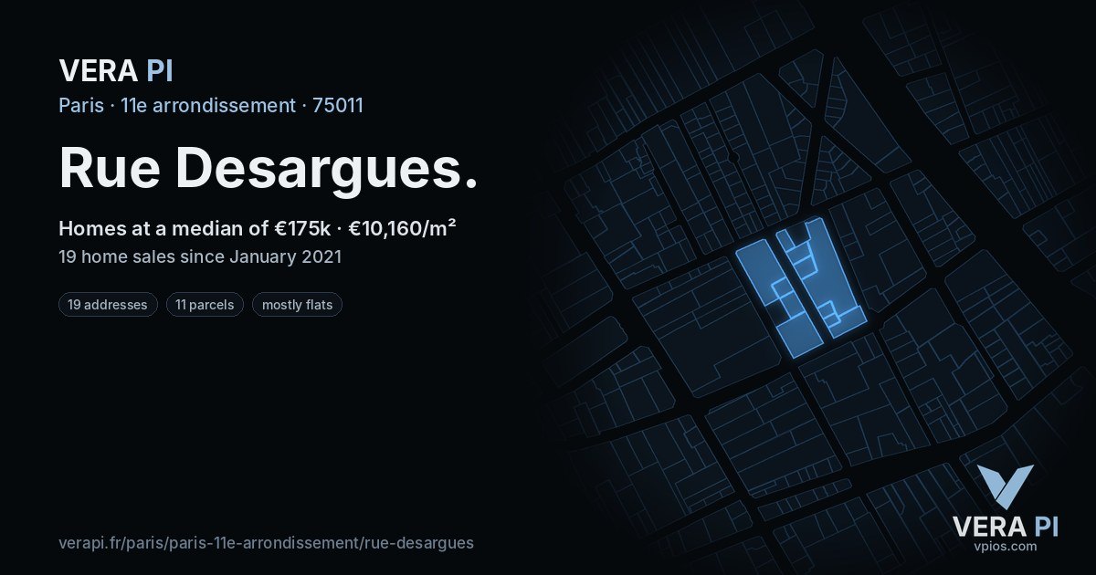 Rue Desargues, 11e arrondissement at night – every parcel coloured by the prices around it, the street's own parcels lit