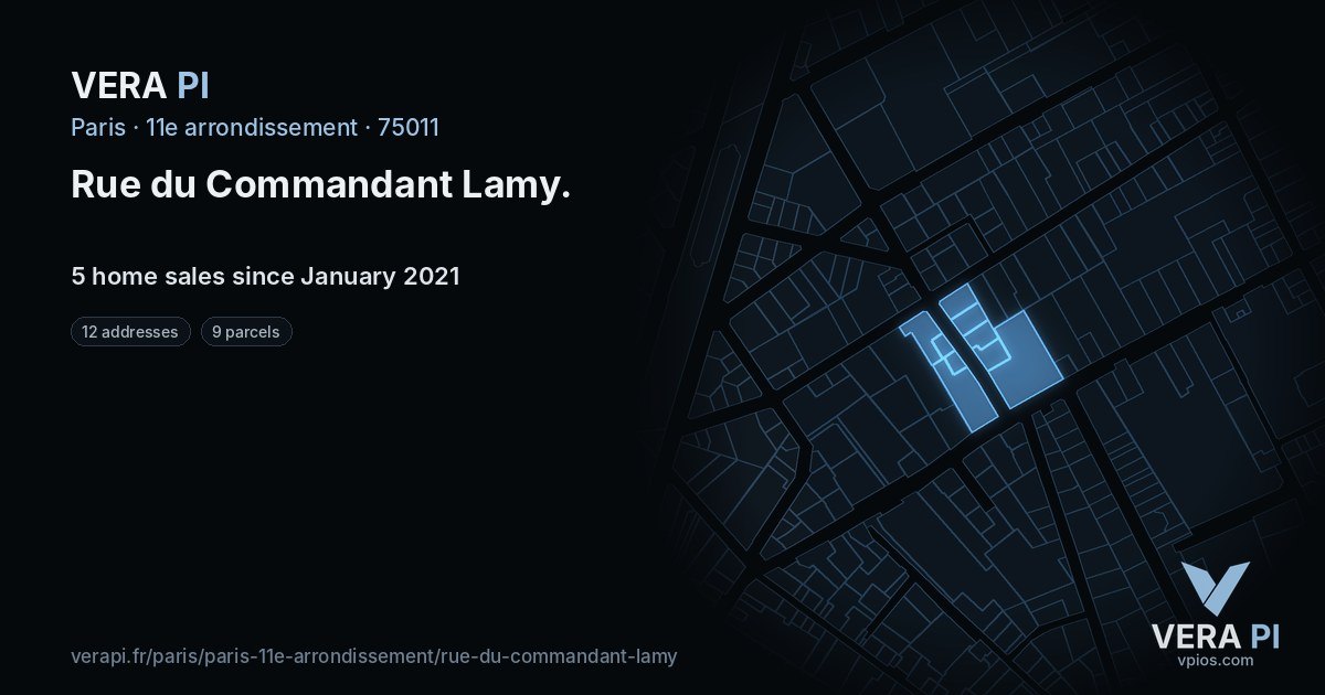 Rue du Commandant Lamy, 11e arrondissement at night – every parcel coloured by the prices around it, the street's own parcels lit