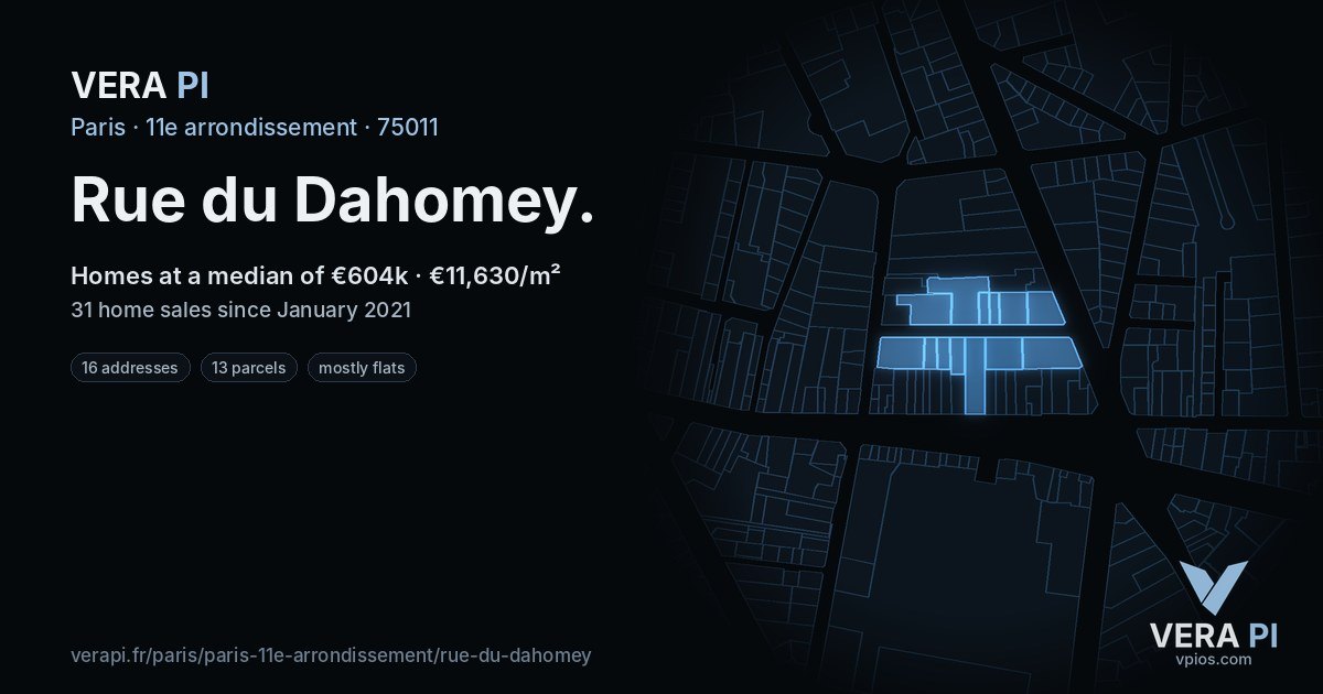 Rue du Dahomey, 11e arrondissement at night – every parcel coloured by the prices around it, the street's own parcels lit