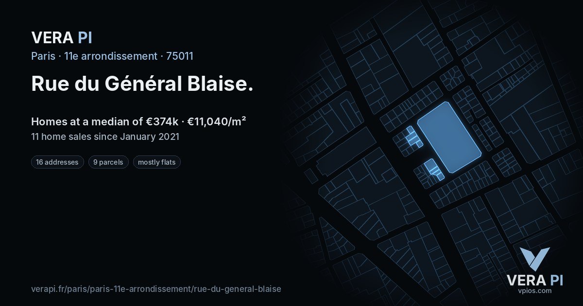 Rue du Général Blaise, 11e arrondissement at night – every parcel coloured by the prices around it, the street's own parcels lit
