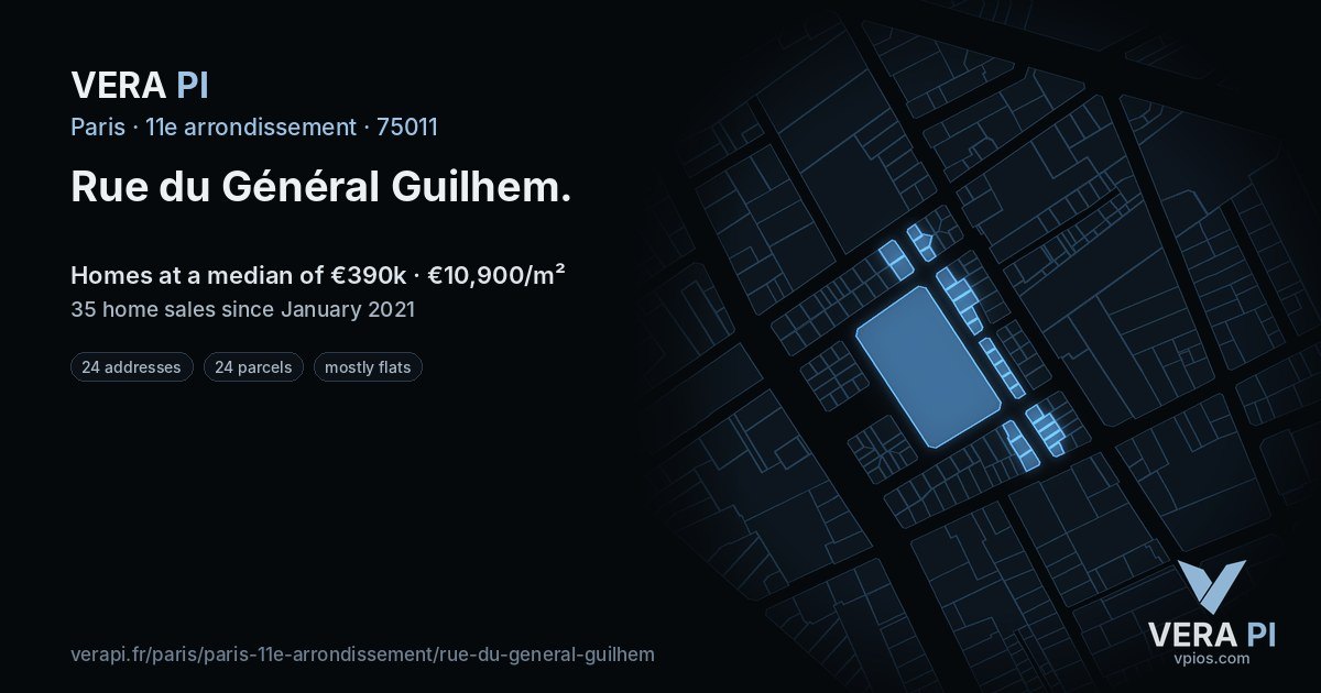 Rue du Général Guilhem, 11e arrondissement at night – every parcel coloured by the prices around it, the street's own parcels lit