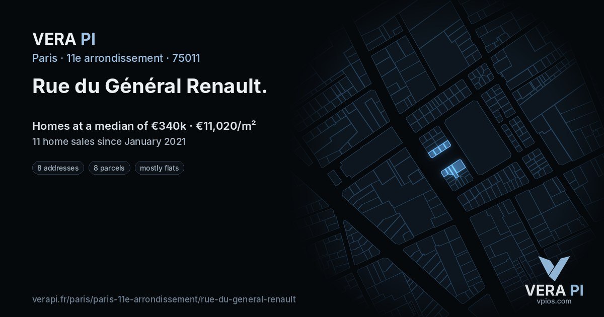Rue du Général Renault, 11e arrondissement at night – every parcel coloured by the prices around it, the street's own parcels lit