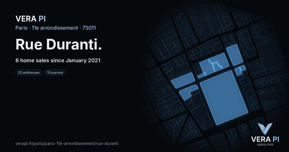Rue Duranti, 11e arrondissement at night – every parcel coloured by the prices around it, the street's own parcels lit