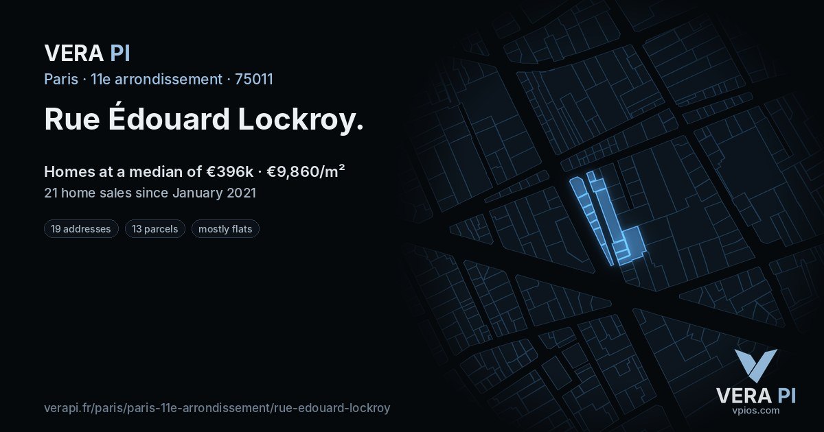 Rue Édouard Lockroy, 11e arrondissement at night – every parcel coloured by the prices around it, the street's own parcels lit