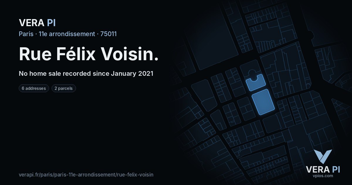 Rue Félix Voisin, 11e arrondissement at night – every parcel coloured by the prices around it, the street's own parcels lit