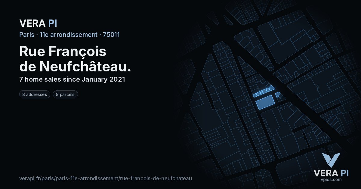 Rue François de Neufchâteau, 11e arrondissement at night – every parcel coloured by the prices around it, the street's own parcels lit