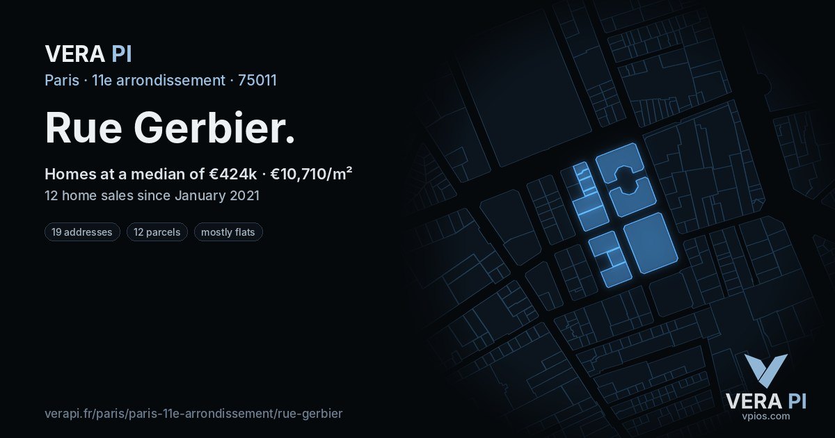 Rue Gerbier, 11e arrondissement at night – every parcel coloured by the prices around it, the street's own parcels lit