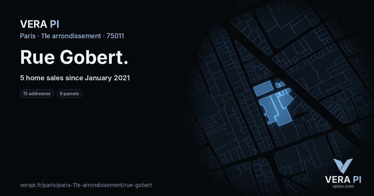 Rue Gobert, 11e arrondissement at night – every parcel coloured by the prices around it, the street's own parcels lit