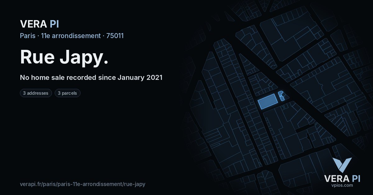 Rue Japy, 11e arrondissement at night – every parcel coloured by the prices around it, the street's own parcels lit