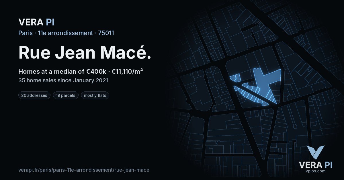 Rue Jean Macé, 11e arrondissement at night – every parcel coloured by the prices around it, the street's own parcels lit